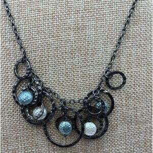 Lia Sophia Necklace | Gunmetal Tone Circles |Faux Pearl Beads 16”-19” Blue white